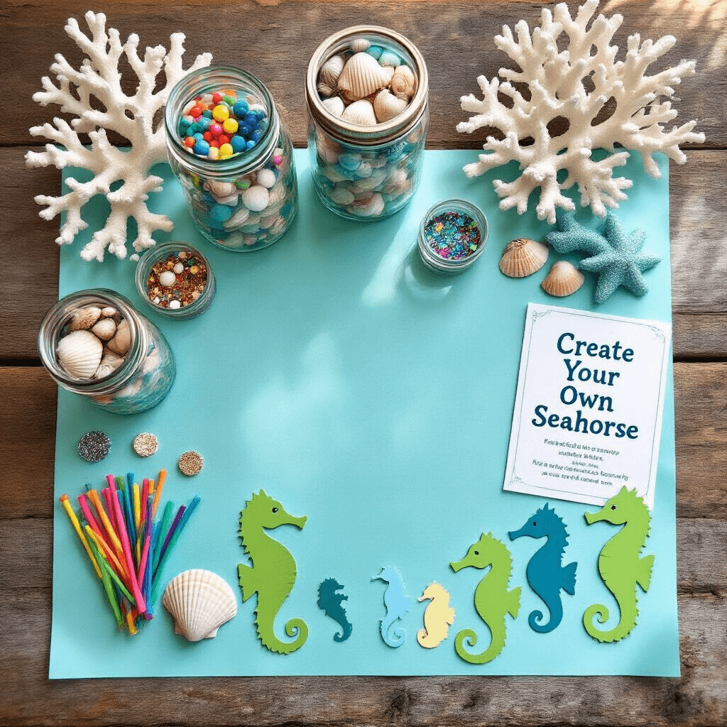 An overhead view of a seahorse-themed craft station on a rustic wood table, illuminated by natural sunlight. The table is covered in aqua kraft paper and features Mason jars filled with seashells, colorful pipe cleaners, glitter, and ocean-themed stickers. Handmade coral sculptures are displayed, and pre-cut seahorse shapes in blue and green cardstock are arranged for decorating. A 'Create Your Own Seahorse' instruction card with whimsical typography is partially visible in the corner.