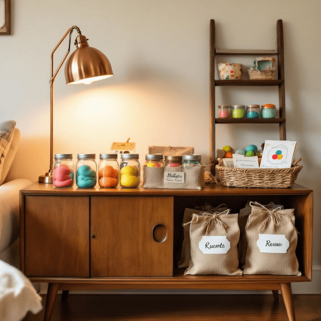 A cozy living room corner featuring a mid-century sideboard with mini mason jars of colorful homemade playdough, burlap bags with guest names, rolled recipe cards, and vintage cookie cutters. A ladder shelf displays finished creativity kits and playdough creations, all illuminated by warm light from a copper floor lamp.
