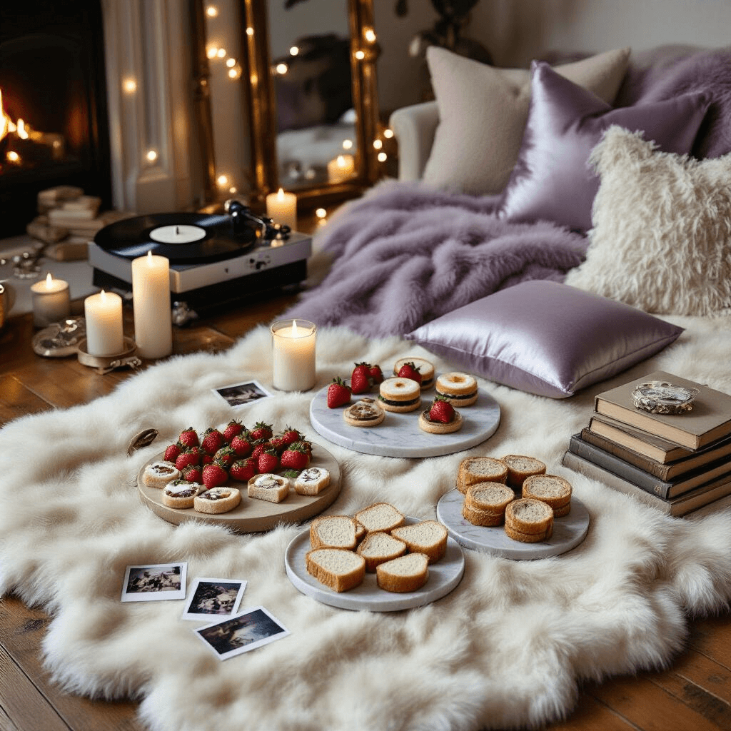 An intimate living room picnic featuring a faux fur throw blanket, silk pillows, a marble lazy Susan with appetizers, vanilla-scented candles, vintage books, Polaroid photos, and a partially visible record player, creating a cozy and magical atmosphere with string lights reflected in a mirror.