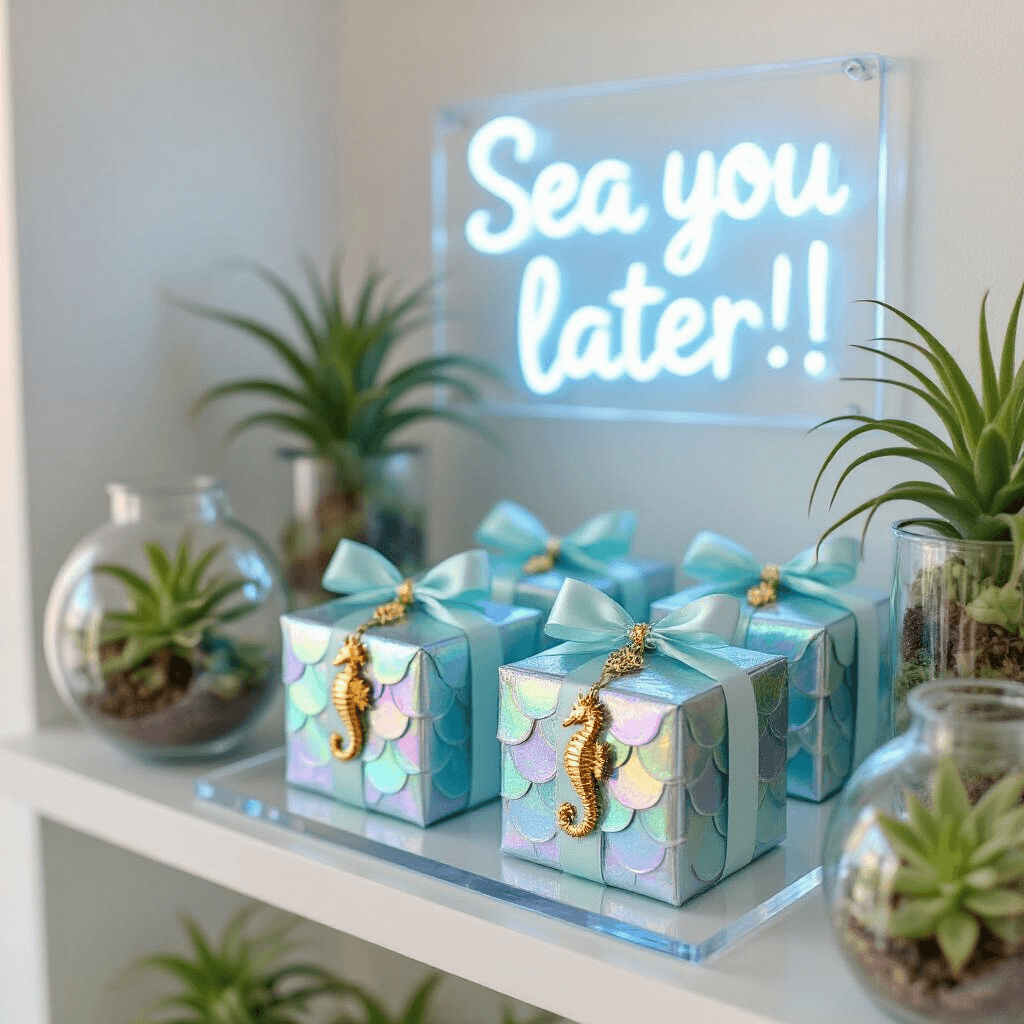 A luxe seahorse party favor display features iridescent gift boxes wrapped in fish scale-like paper, tied with silk ribbons and topped with gold seahorse charms, alongside delicate air plants in glass terrariums, all highlighted by a neon sign reading 'Sea you later!' against crisp white walls.