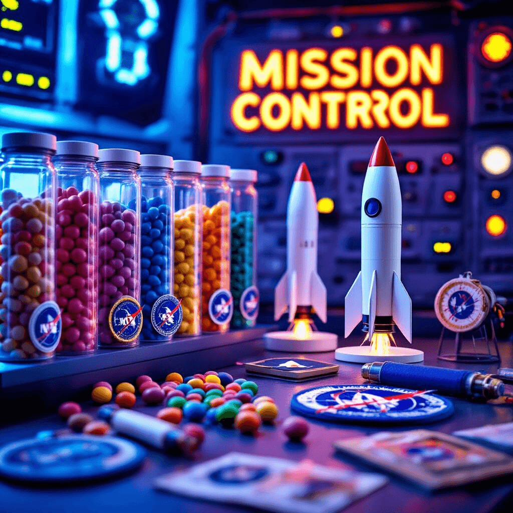 An intimate detail shot of a 'Mission Control' party favor station featuring neon blue lighting, with custom-labeled tubes of colorful candies resembling rocket fuel canisters, a personalized mission patch making station with embroidery materials, and 3D-printed rocket party favors, all set against a backdrop of foam board control panels with blinking LED lights.