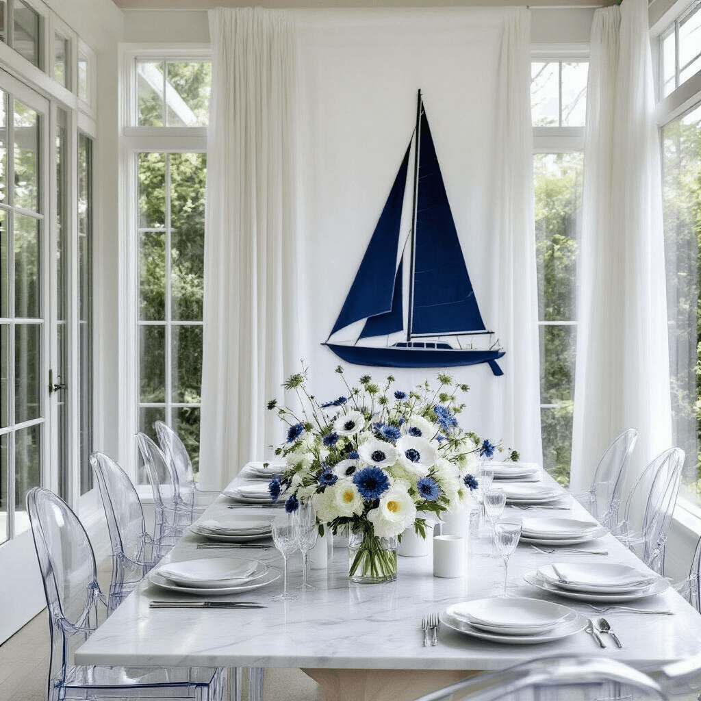 A luxurious sailboat-themed celebration space featuring a marble-topped table with white plates and crystal stemware, a floral centerpiece of white anemones and blue thistles, modern Lucite ghost chairs, and a backdrop of sheer white curtains with a navy blue sailboat silhouette. A marble bar cart displays artisanal gin bottles and crystal decanters.
