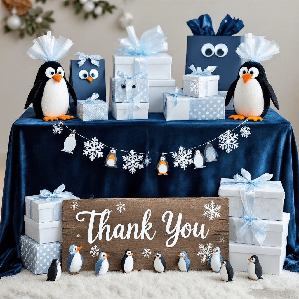 Penguin Birthday Party: A Whimsical Wonderland of Icy Fun! A beautifully arranged penguin-themed gift table with a midnight blue velvet tablecloth, featuring icy silver, white, and blue presents, handcrafted penguin gift bags with googly eyes, a rustic 'Thank You' sign with snowflake decorations, stacked white gift boxes, and a garland of paper snowflakes and mini penguins, all enhanced by iridescent cellophane for a shimmering effect.