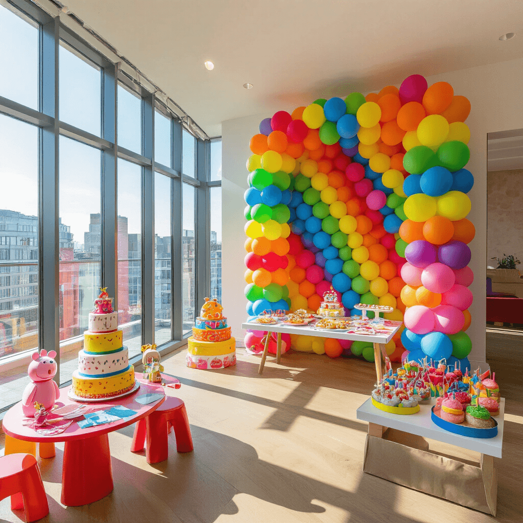 A vibrant indoor Peppa Pig birthday party in a modern apartment with floor-to-ceiling windows, featuring a rainbow balloon garland backdrop, colorful activity stations, and a dessert table overflowing with treats, all captured from a corner angle.