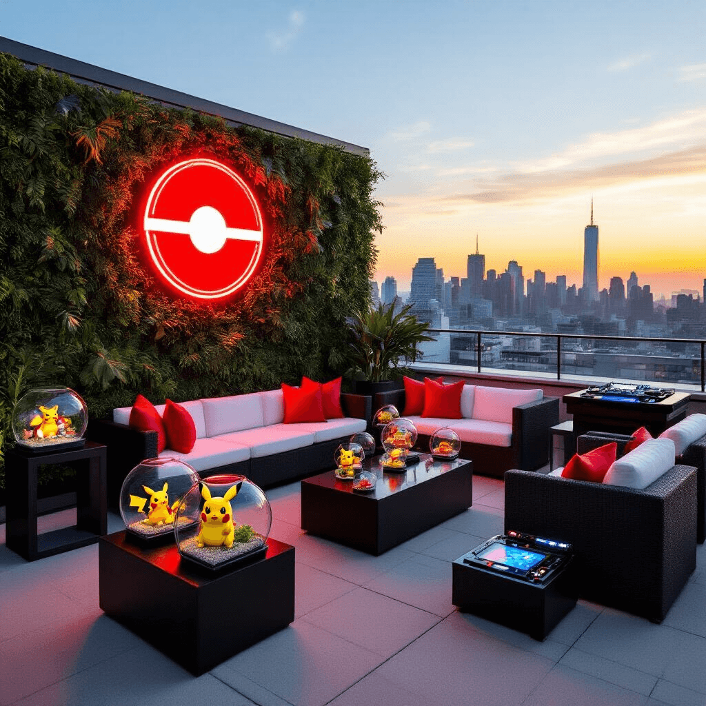 A stylish rooftop terrace set for a sophisticated teen Pokémon party at golden hour, featuring modern black and white lounge furniture with red accents, a neon Pokémon sign on a living wall, glass terrariums with miniature Pokémon scenes as centerpieces, a Pokédex-themed DJ booth, and a 'Battle Arena' for gaming, all against a stunning city skyline backdrop.