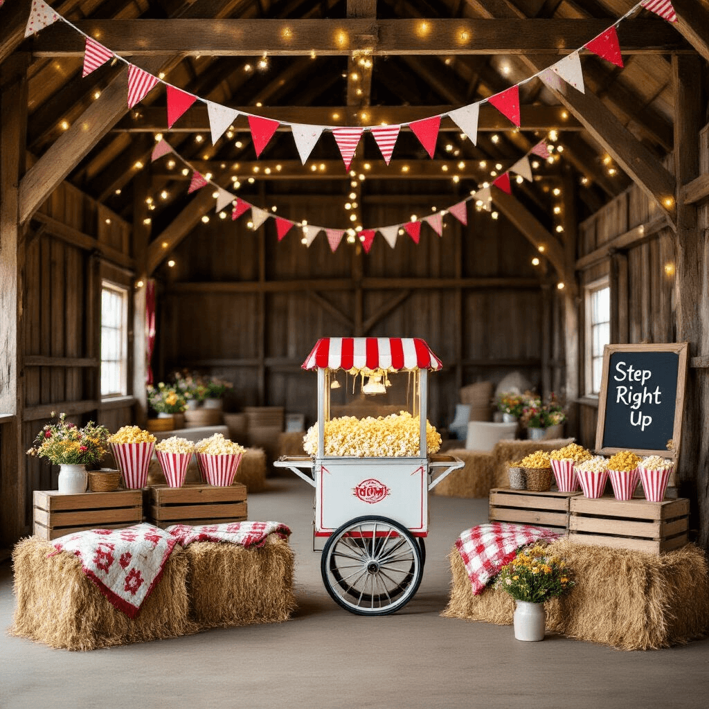 A nostalgic carnival-themed popcorn party in a charming barn, featuring a vintage popcorn cart, cozy quilt-topped hay bales, rustic wooden crates of flavored popcorn, twinkling fairy lights, and a 'Step Right Up' chalkboard sign amidst a backdrop of weathered wood and wildflower-filled mason jars.