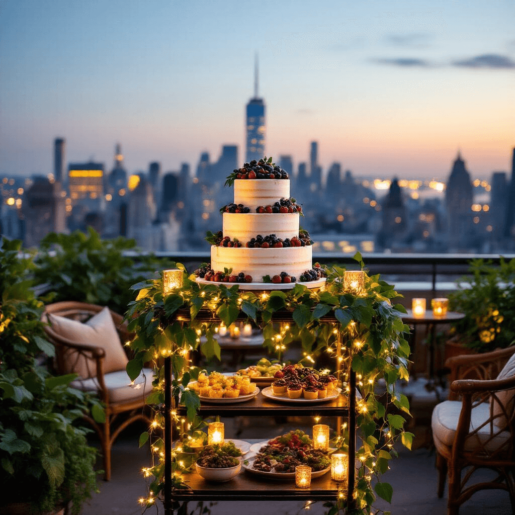 A twilight rooftop celebration with a decorated dessert cart featuring a naked cake surrounded by vintage furniture, lush plants, and a glowing city skyline.