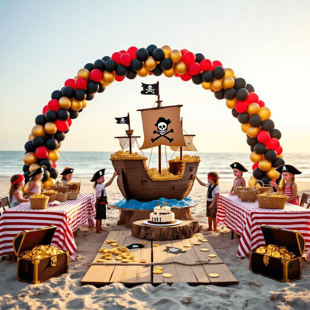 A vibrant pirate-themed birthday celebration on a sunlit beach, featuring a cardboard pirate ship centerpiece, striped table linens, treasure chests filled with chocolate coins, a balloon arch, and children playing 'Walk the Plank' under golden hour lighting.