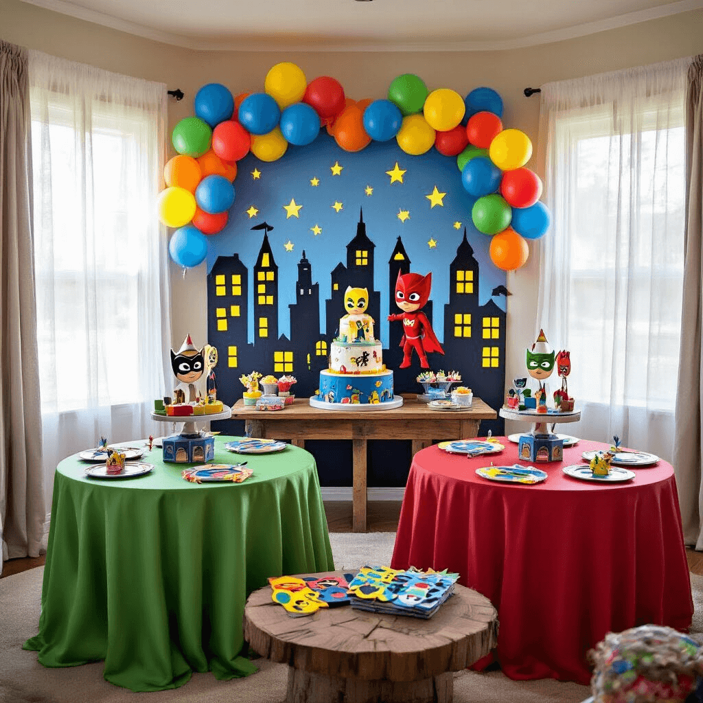 How to Create the Ultimate PJ Masks Birthday Party: A Hero-Powered Celebration Guide A whimsical PJ Masks themed birthday party setup in a cozy living room, featuring colorful round tables with superhero-themed linens, a hand-painted cityscape backdrop, a grand tiered cake, balloon sculptures, and a DIY mask creation station with children. Soft afternoon light filters through sheer curtains, creating a magical atmosphere.