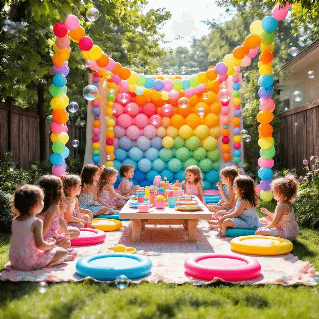 A lively backyard scene filled with rainbow balloon garlands and a handmade Pop It backdrop, featuring children excitedly playing with giant floor Pop Its around a colorful picnic setup with silicone placemats, all under a sunlit sky with floating bubbles.