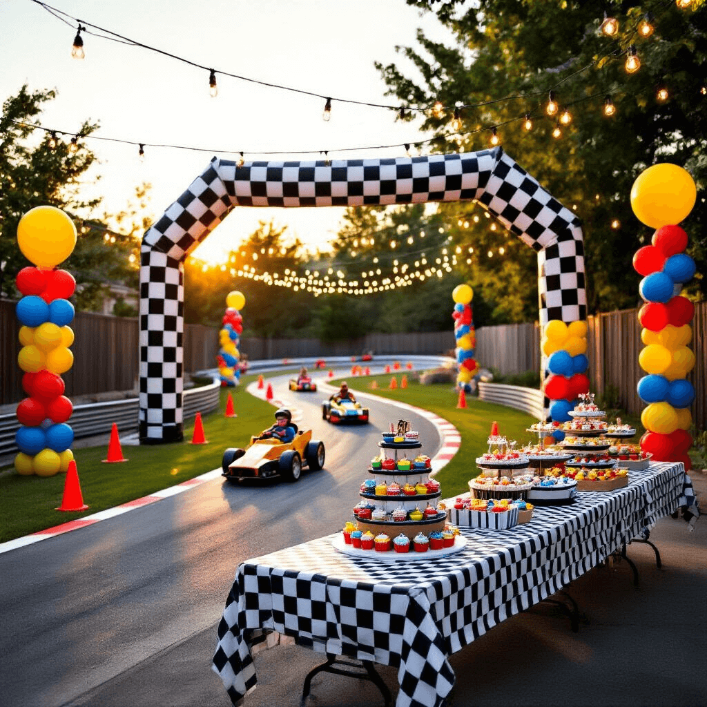 A vibrant backyard transformed into a race car wonderland at golden hour, featuring a checkered flag archway, a winding racetrack with orange traffic cones, balloon towers, fairy lights overhead, and a buffet table with a tire-shaped cake and colorful cupcakes, as children in mini cardboard race cars zoom by.