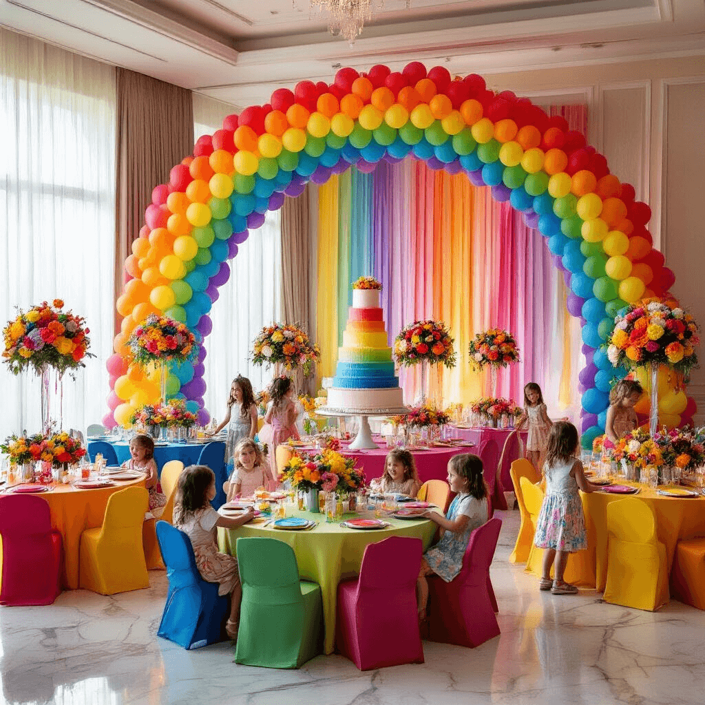 A colorful indoor ballroom decorated for a child's birthday party, featuring round tables with rainbow-colored linens, vibrant balloon bouquets, and fresh flower centerpieces. The walls have a handmade tissue paper rainbow backdrop and streamers, while soft afternoon light filters through sheer curtains. A grand tiered cake in ombré fondant stands out, and children play beneath a massive balloon arch, their laughter echoing on the polished marble floor.