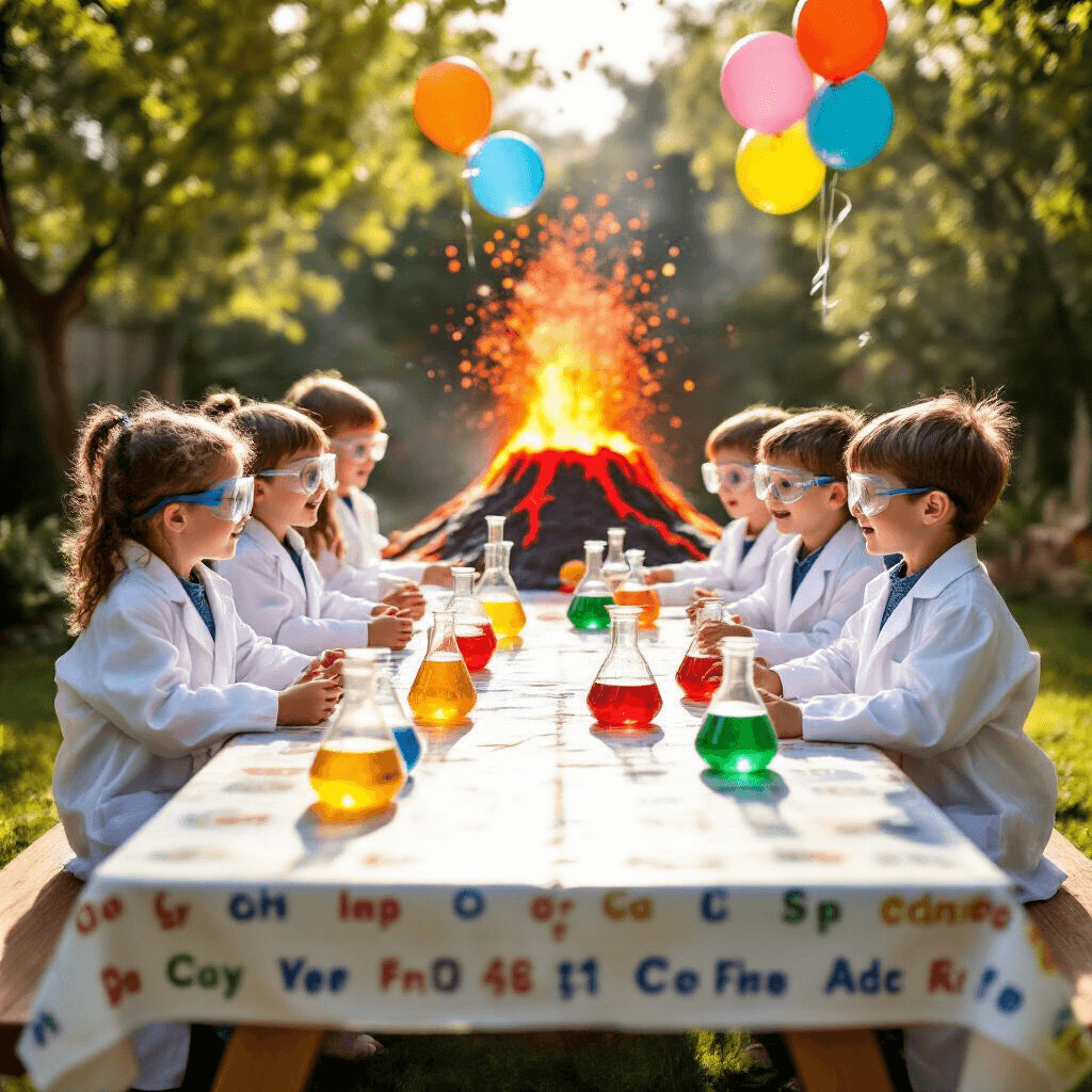 A whimsical science-themed birthday party in a sunlit backyard featuring a picnic table draped in a periodic table cloth, colorful test tubes and beakers filled with bubbling liquids, excited kids in lab coats and safety goggles, helium balloons shaped like molecules, and a papier-mâché volcano erupting red 'lava' in the background, all bathed in warm afternoon light.