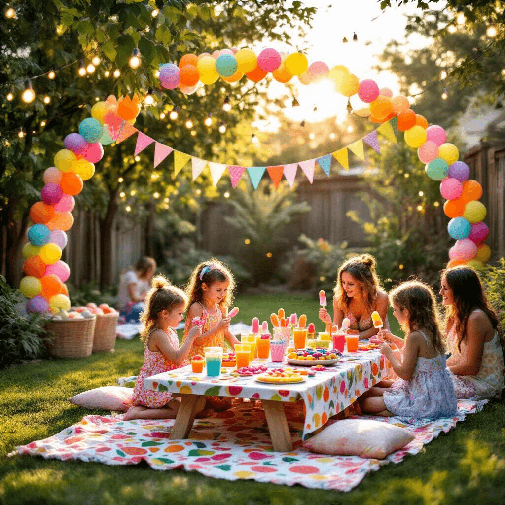 A vibrant backyard party scene during golden hour with a DIY popsicle bar, colorful treats, rainbow garlands, balloon arches, children decorating popsicles at a low table, adults on picnic blankets enjoying boozy popsicles, and twinkling fairy lights creating a magical atmosphere.