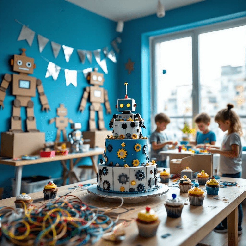 A wide shot of a vibrant tech-inspired birthday party in a modern apartment, featuring bright blue walls with cardboard robot cutouts and metallic silver banners. A central table displays a tiered robot-themed birthday cake and gear-shaped cupcakes, while soft daylight filters through large windows. In the background, children build robots from recycled materials at activity stations. The foreground captures a colorful craft table with scattered wires, googly eyes, and shiny foil.