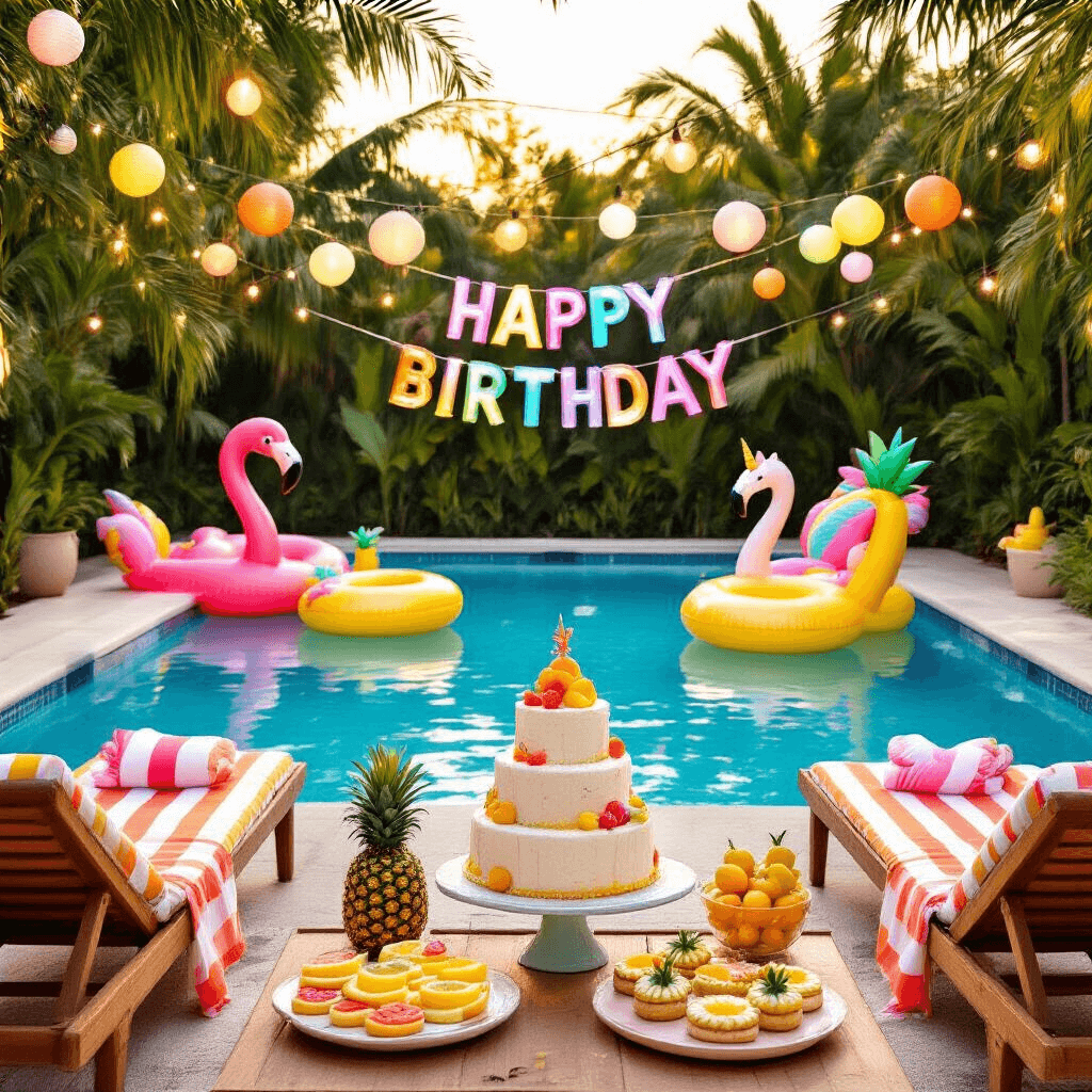 A vibrant tropical-themed birthday party at a sunlit poolside, featuring an azure pool with colorful inflatables, teak lounge chairs with striped towels, a 'Happy Birthday' banner, a dessert table with a coconut cake and pineapple cookies, and overhead lanterns illuminating the scene as the sun sets.