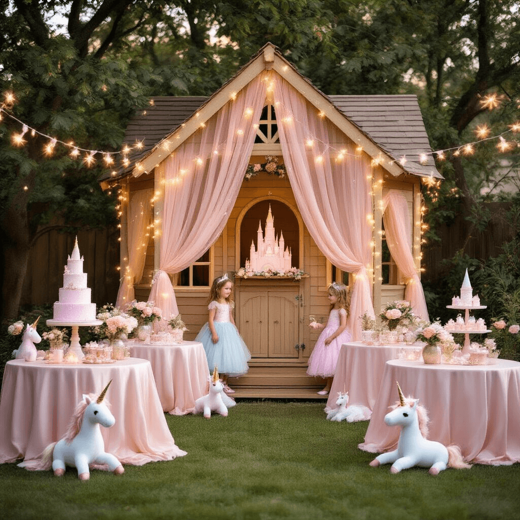 A whimsical backyard party featuring a wooden playhouse decorated with pink drapery and fairy lights, surrounded by tables with blush silk linens and floral centerpieces, a castle-shaped cake display, plush unicorns, and children in princess costumes, all bathed in soft golden hour lighting.