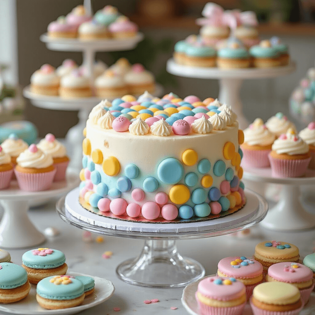 Close-up of an elaborate Pop It themed birthday cake with edible bubbles, surrounded by rainbow macarons, bubble-gum flavored cupcakes, and Pop It shaped cookies on tiered acrylic stands, all under soft, diffused lighting.