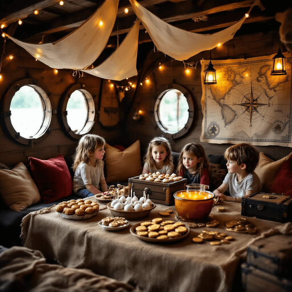 A cozy pirate-themed living room party scene features kids gathered around a low burlap-covered table with cake pops and cookies, illuminated by fairy lights and lanterns. DIY paper sails hang from the ceiling, and vintage maps decorate the backdrop, creating an intimate ship's cabin atmosphere.