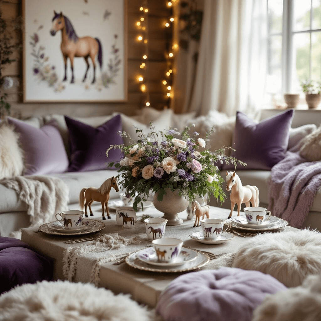 A cozy living room set for an intimate pony-themed celebration, featuring a low table with delicate china adorned with hand-painted ponies, miniature hobby horses as place cards, a lush floral centerpiece, and soft afternoon light filtering through sheer curtains, illuminating pony artwork and twinkling string lights. Velvet throw pillows in lavender and silver add texture.