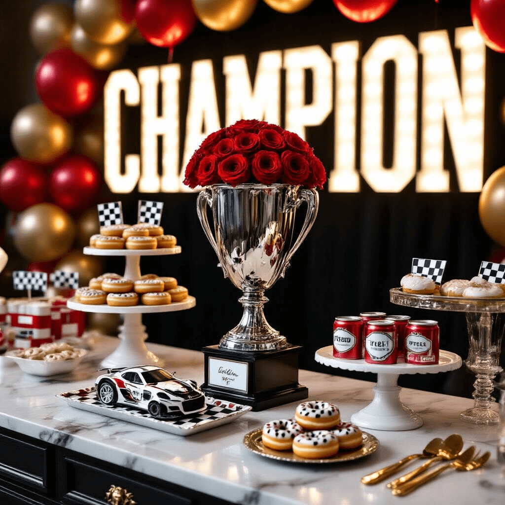 Close-up of an elegant race car-themed dessert table featuring a silver trophy filled with red roses, checkered flag cookies, tire-shaped donuts, race car cake pops, and fuel can juice boxes, with a warm LED 'CHAMPION' sign and metallic red and gold balloon garlands.