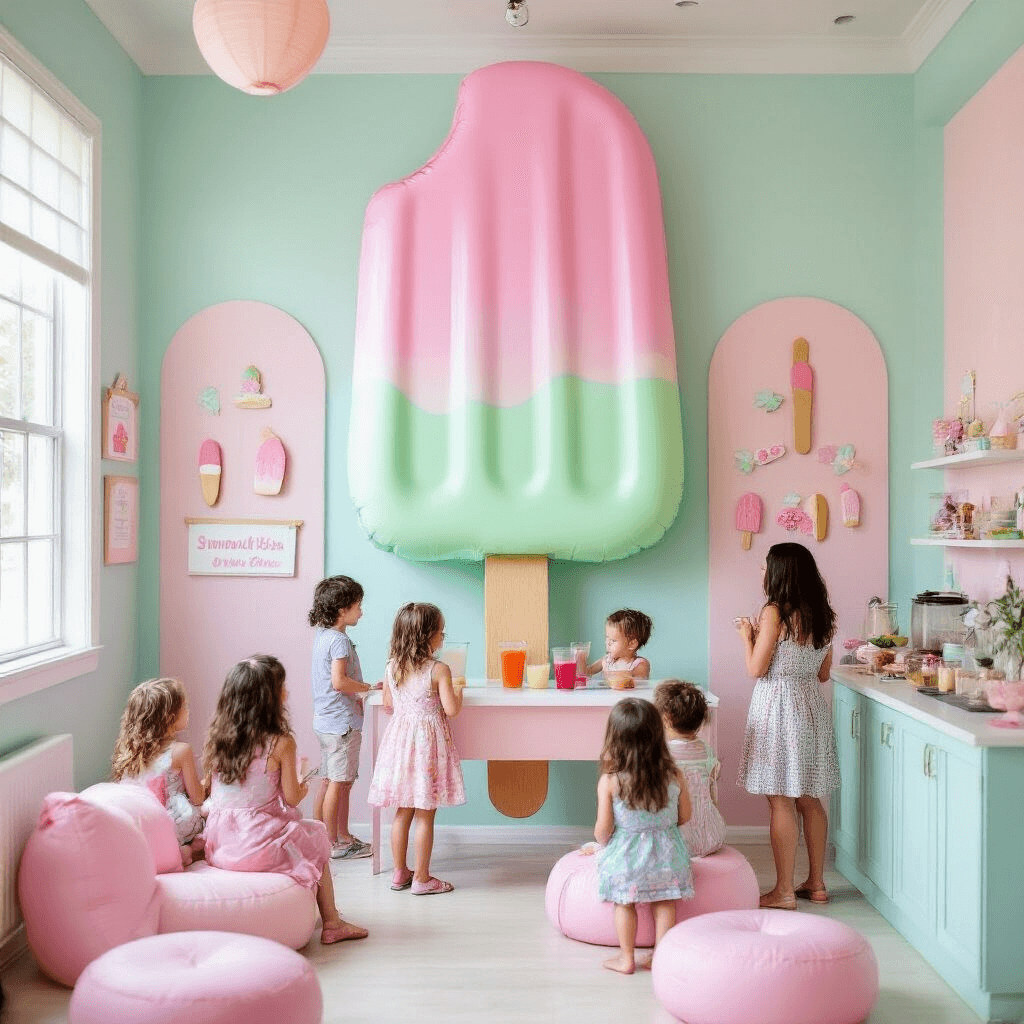Indoor playroom decorated in pastel pink, mint green, and lavender, featuring a giant popsicle balloon sculpture as a photo booth. Children enjoy a smoothie bar with a parent blending fruits, surrounded by handmade signs and popsicle stick crafts, all captured from an overhead view.