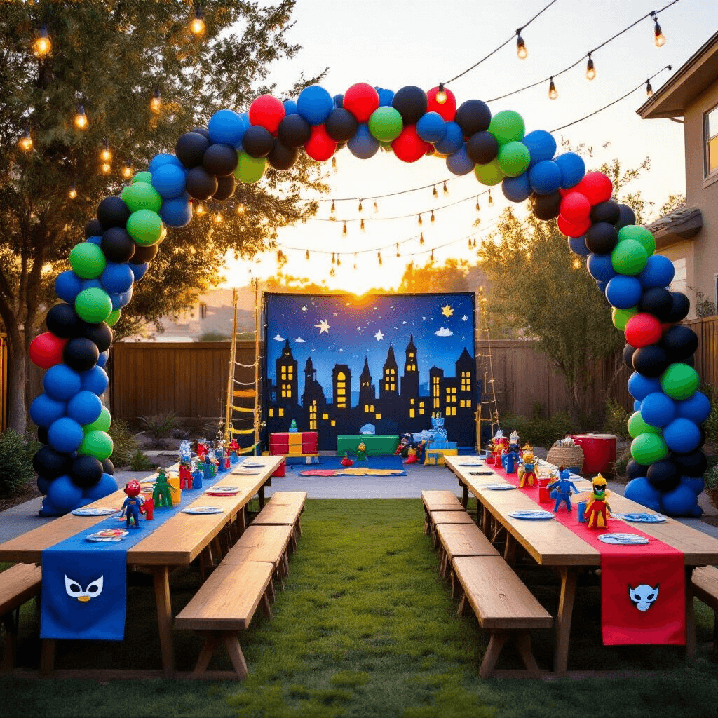 How to Create the Ultimate PJ Masks Birthday Party: A Hero-Powered Celebration Guide An outdoor PJ Masks party at sunset, featuring a grand balloon arch, a 'Superhero Training Area' with obstacle course elements, picnic tables adorned with hero-colored runners and action figures, DIY cape-making supplies, crisscrossing fairy lights, and a photo booth with a cityscape backdrop, all bathed in warm golden light.