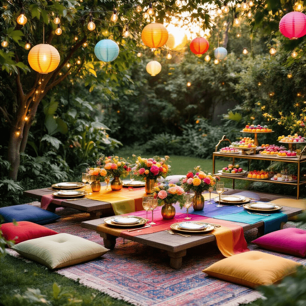 Intimate backyard gathering during golden hour featuring a chic rainbow-themed dinner party with low tables, plush jewel-toned cushions, fairy lights, gold-rimmed plates, rainbow-hued bud vases, and a dessert cart of vibrant macarons and fruit tarts.