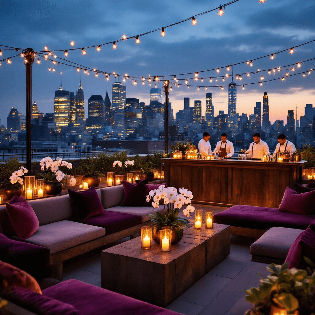 An elegant rooftop terrace for a cocktail party, featuring twinkling fairy lights, plush velvet seating in jewel tones, a reclaimed wood bar with copper accents, and lush floral arrangements, all set against a glittering city skyline at twilight.