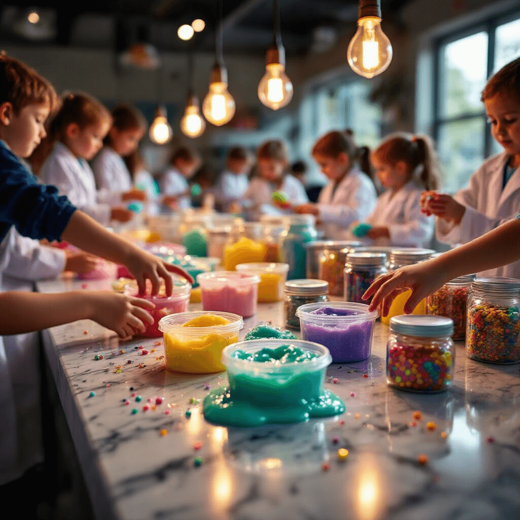 Close-up of a marble countertop at a 'Slime Laboratory' station, covered in neon-colored slime and surrounded by jars of glitter and mix-ins, with small hands reaching in to play. Warm light from Edison bulbs illuminates the shiny slime, while blurred figures of kids in lab coats are visible in the background.