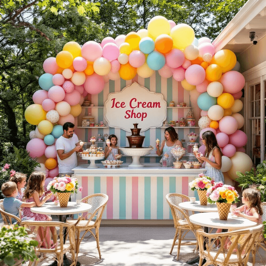 A vibrant outdoor ice cream shop party featuring a pastel striped booth with an ice cream counter, bistro tables with sundae-shaped floral arrangements, a colorful balloon wall, and a lavish ice cream sundae bar with toppings and a chocolate fountain, filled with excited children and chatting parents.