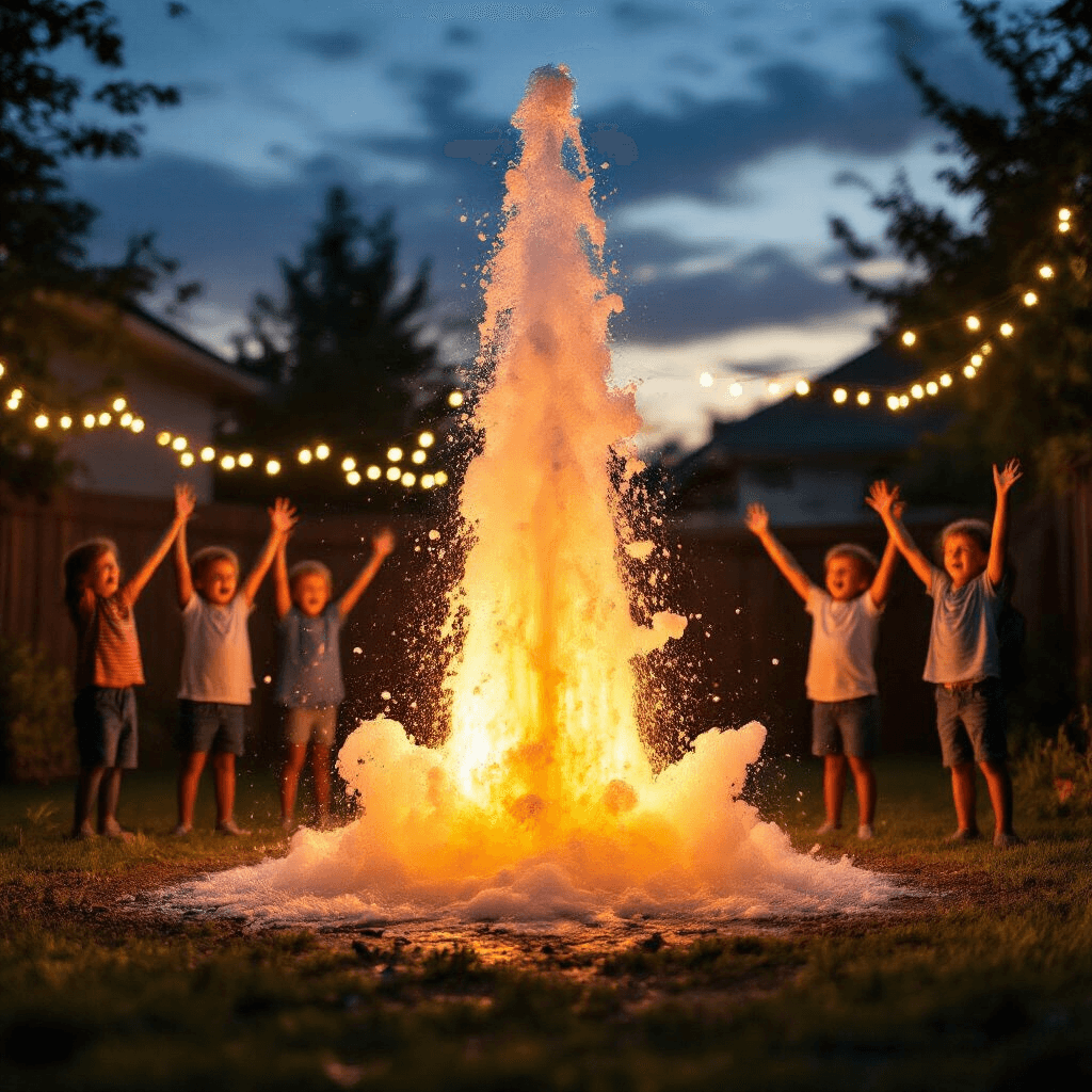 A dramatic evening shot of the 'Mentos Soda Geyser' experiment with a fizzy soda eruption shooting skyward, silhouetted children cheering with arms raised, twinkling fairy lights in the background, and golden sunlight casting long shadows.