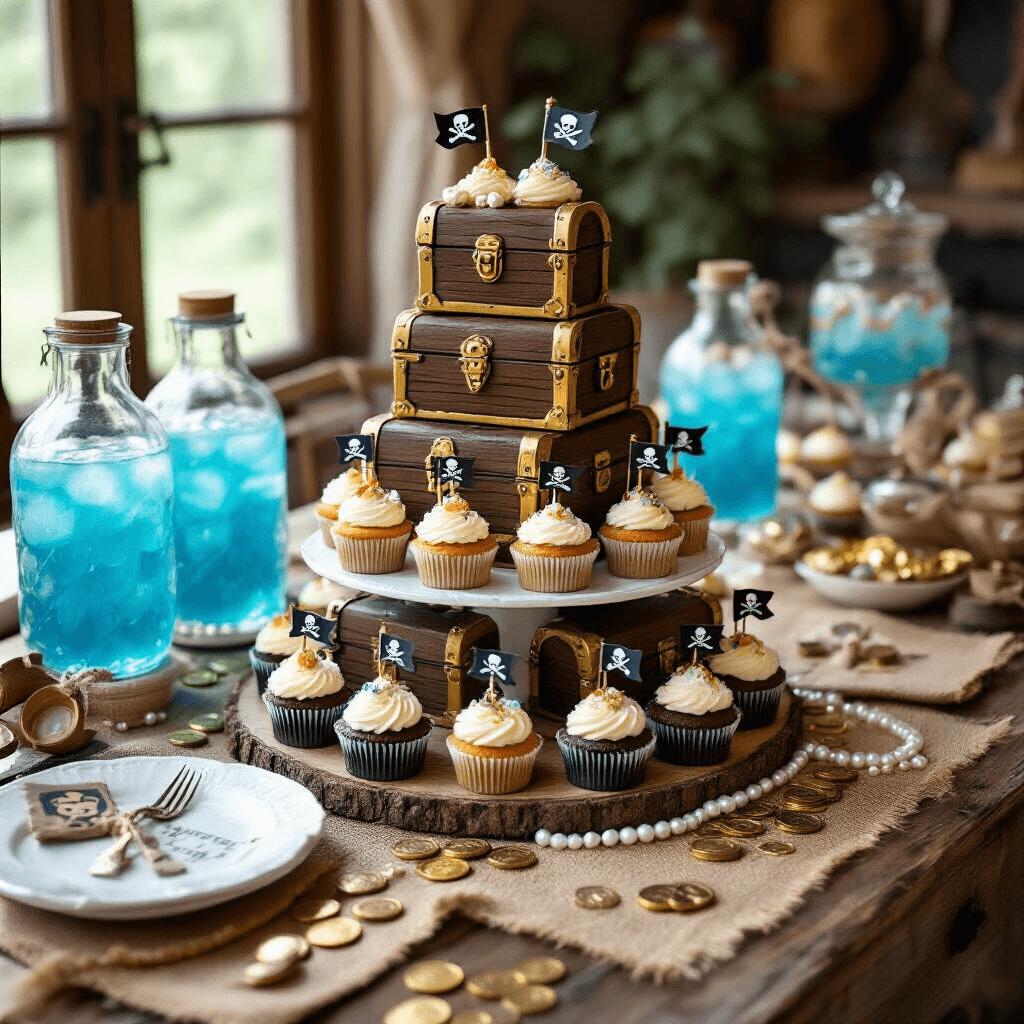 Overhead view of a pirate-themed dessert table featuring a tiered cake designed like treasure chests, decorated cupcakes with pirate flag toppers, scattered doubloons and pearls, and blue punch in glass bottles, set against rustic wood and burlap with white dinnerware, eye patches, miniature spyglasses, and treasure maps. Natural light enhances the glittering details.