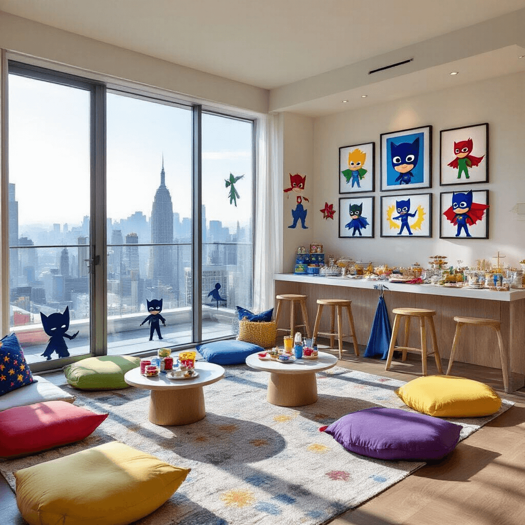 How to Create the Ultimate PJ Masks Birthday Party: A Hero-Powered Celebration Guide An intimate PJ Masks celebration in a modern apartment with soft morning light, featuring colorful floor cushions, a gallery wall of framed artwork, a 'Hero Fuel Station' with snacks, and a DIY cape decorating station.