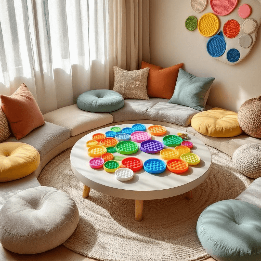 Overhead view of a cozy living room corner featuring a round low table filled with colorful silicone Pop It toys, surrounded by plush floor cushions, with natural light filtering through sheer curtains and a DIY sensory wall in the background.