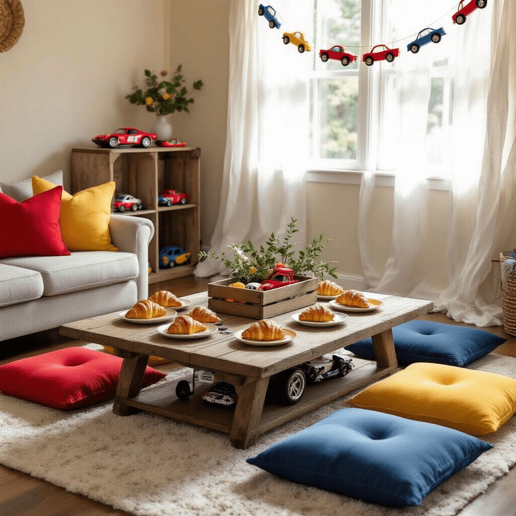 A cozy living room adorned for a race car birthday brunch, featuring a low coffee table with tire-shaped plates of croissants and fruit, plush floor cushions, a rustic crate filled with vintage toy cars, sheer white curtains, and a bookshelf transformed into a trophy case.