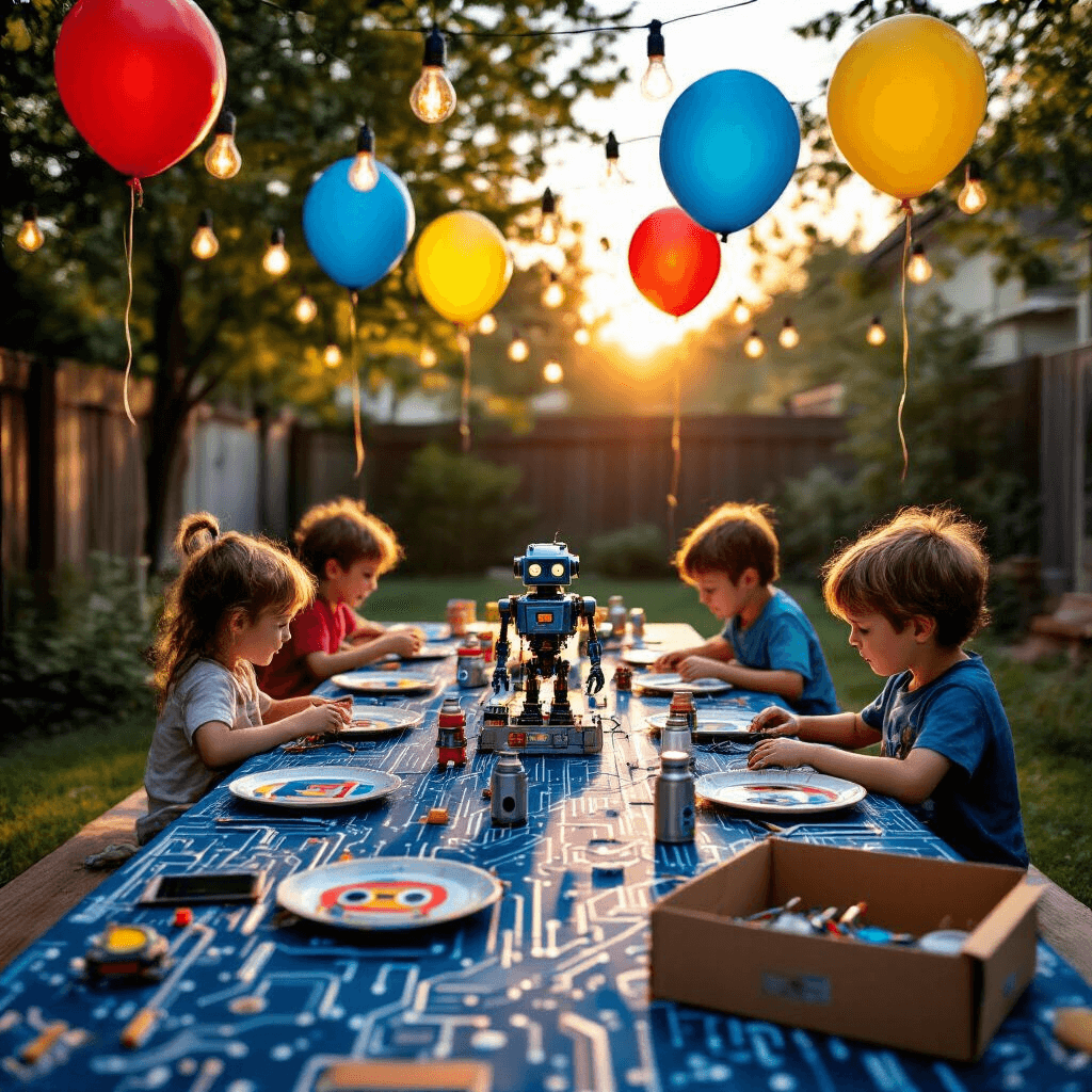 A backyard scene at golden hour featuring a picnic table with a circuit board-patterned cloth, robot-faced plates, and metallic cutlery, surrounded by oversized balloons. Children engage in a 'Tech Challenge Area' with iPads for coding games, while Edison bulbs hang overhead. In the foreground, a close-up of a child's hands assembling a robot from a shoebox, wires, and bottle caps.