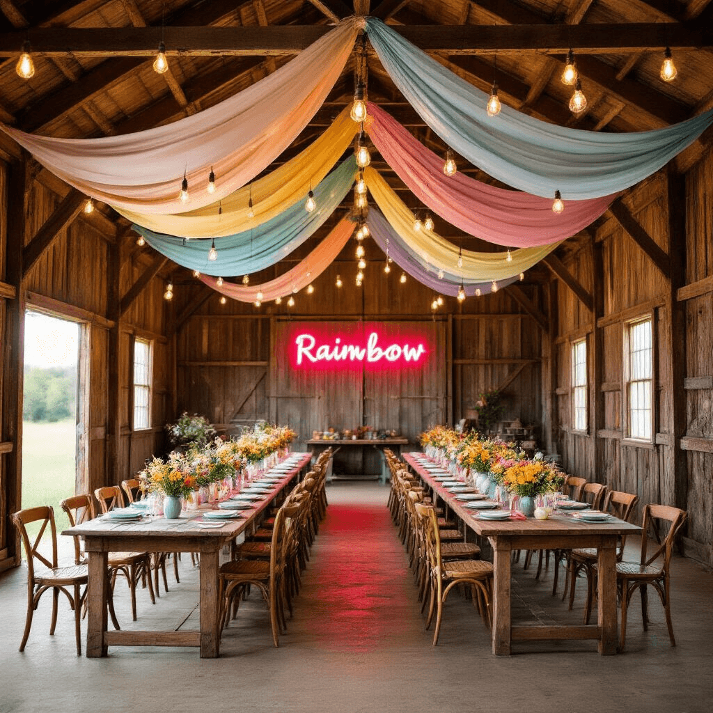 A whimsical rainbow celebration inside a rustic barn, featuring soaring wooden beams draped in pastel fabrics, Edison bulb lighting, long farm tables with mismatched vintage china, wildflower centerpieces in mason jars, and a DIY photo booth with a neon rainbow sign, as guests mingle in warm, golden light.