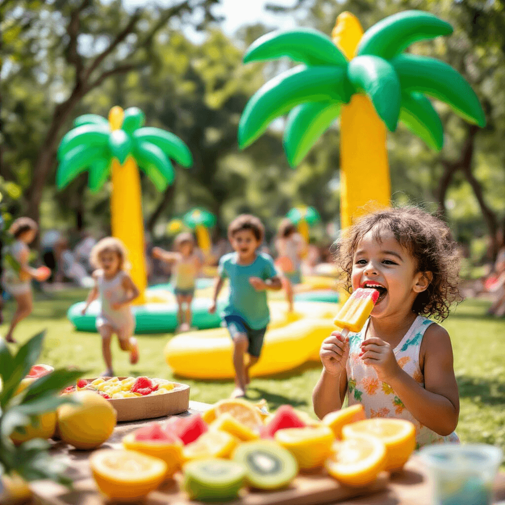 A lively community park scene featuring a tropical-themed popsicle party, with children joyfully participating in a relay race among inflatable palm trees. In the foreground, a child delights in a colorful homemade popsicle, surrounded by bright decorations, lush greenery, and a fruit skewer bar overflowing with vibrant fruit slices.
