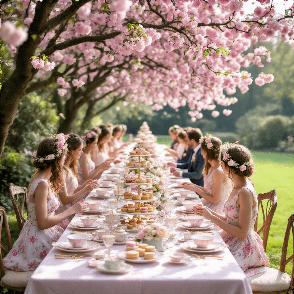 A whimsical garden tea party under cherry blossom trees with vintage china, gold cutlery, and tiered cake stands filled with treats, accompanied by a classical string quartet and guests in floral attire, against a backdrop of soft morning light.