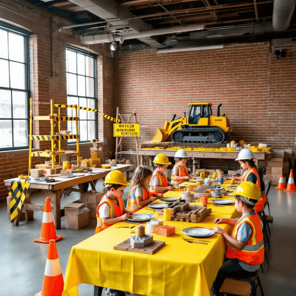 An energetic indoor construction celebration in a modern loft, featuring faux brick walls and caution tape. Activity stations with child-sized tool benches and hard hats, bright yellow draped tables with manhole cover plate chargers, a tiered dessert display with a bulldozer cake, oversized traffic cones, and children in safety vests engaged in building projects.