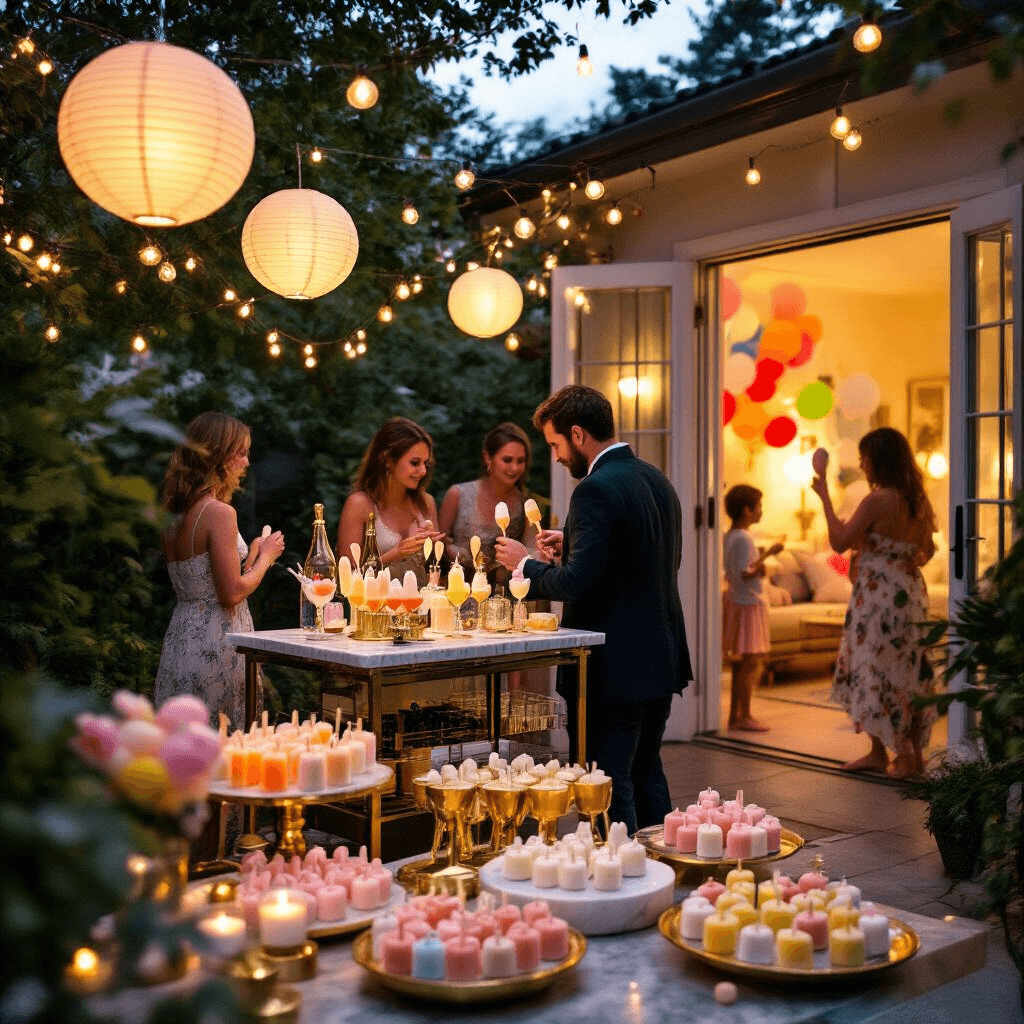 An intimate popsicle celebration at dusk with a cozy patio adorned with fairy lights and lanterns, a stylish DIY bar cart with gourmet popsicles and champagne, and children playing inside a balloon-filled living room, featuring a close-up of an elegantly styled dessert table with artisanal popsicles on marble and gold stands.