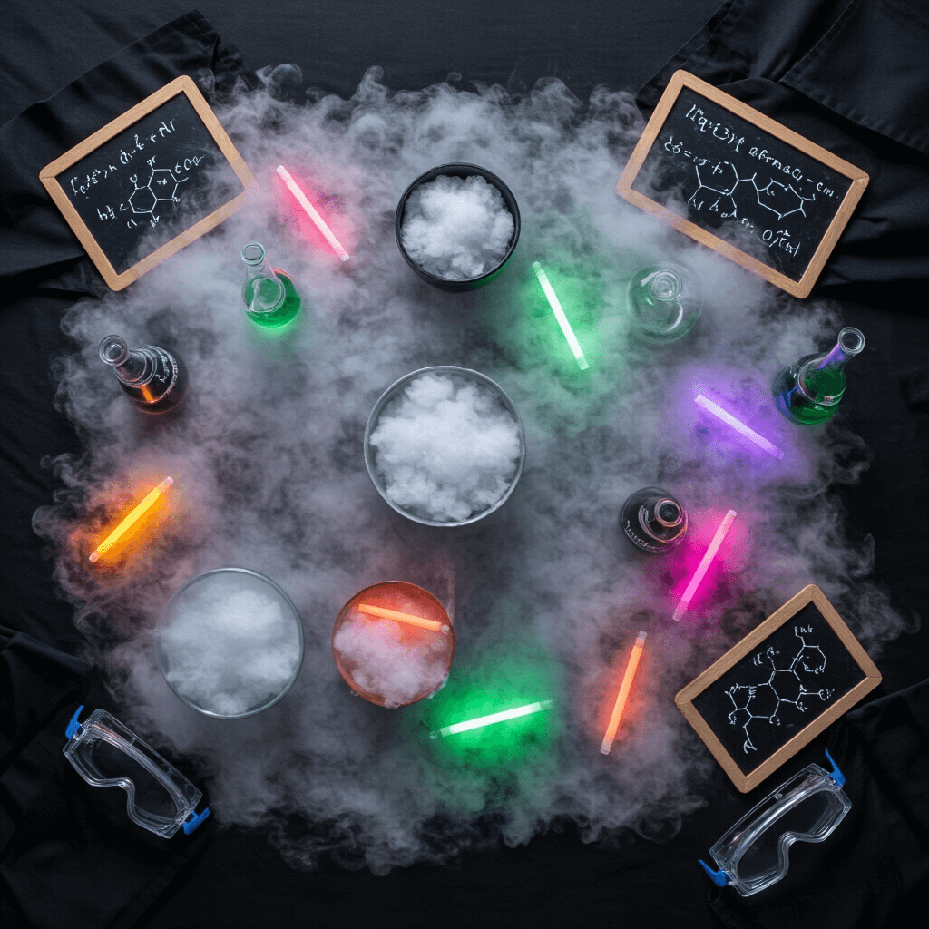 Overhead view of a 'Dry Ice Magic' science setup featuring beakers and bowls filled with fog from dry ice on a black tablecloth, scattered neon glow sticks, small chalkboards with scientific drawings, and hints of lab coats and safety goggles at the edges.