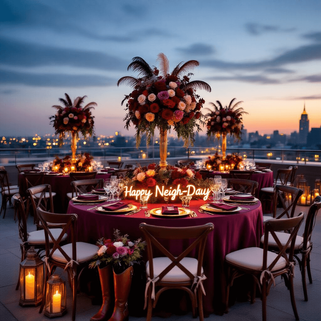 An elegant equestrian-themed rooftop celebration at twilight, featuring round burgundy-draped tables with tall floral arrangements, gold-rimmed charger plates, and leather napkin holders, illuminated by a custom neon sign reading 'Happy Neigh-Day' and surrounded by candlelit hurricane lamps, with a city skyline in the background.