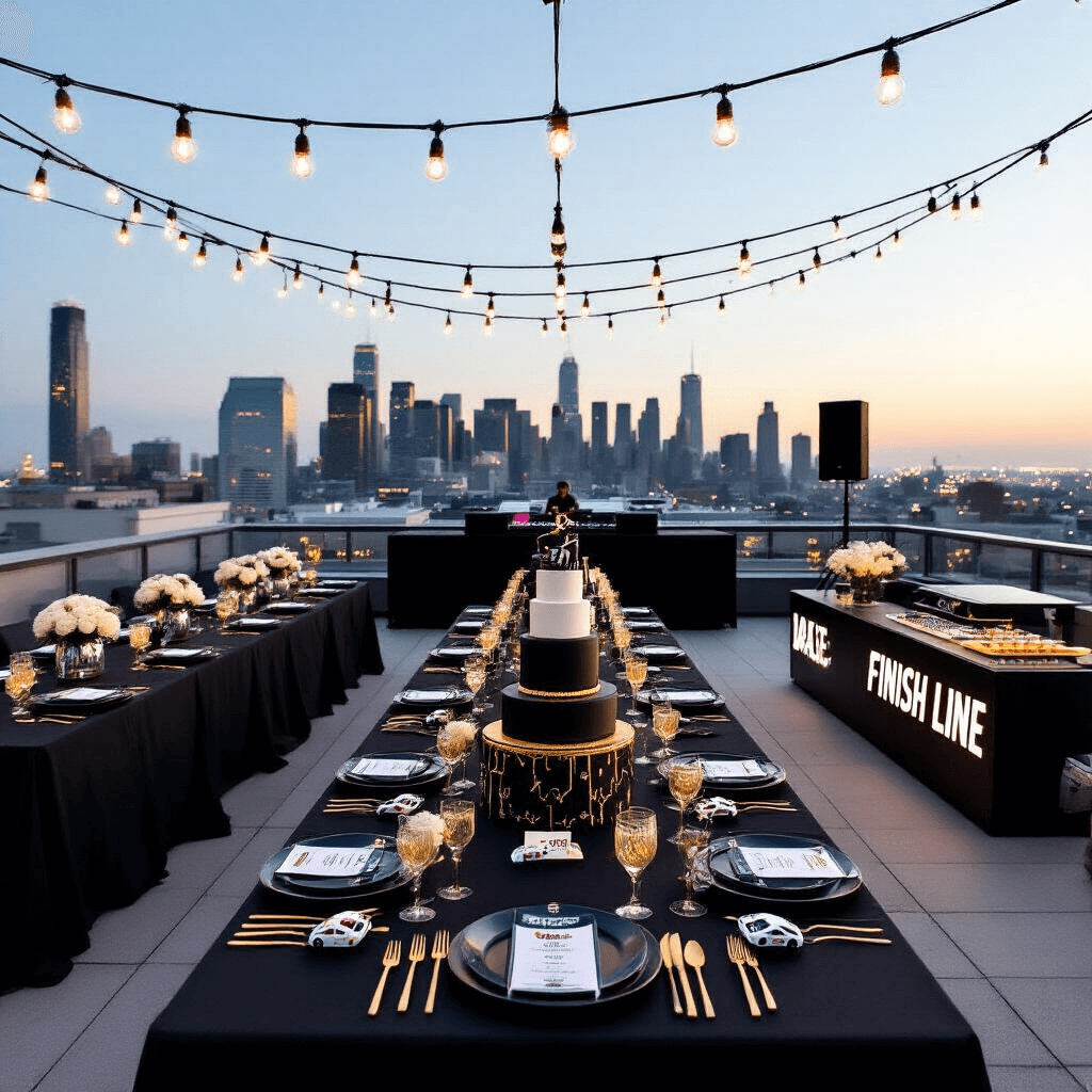 Overhead view of a modern rooftop terrace decorated for a racing-themed sweet sixteen, featuring string lights, communal tables with black linens, matte black plates and gold utensils, chrome vases with white roses, miniature race car tracks, a race car-themed DJ booth, and a 'finish line' dessert bar with a lavish black and gold drip cake, set against a twinkling city skyline at night.