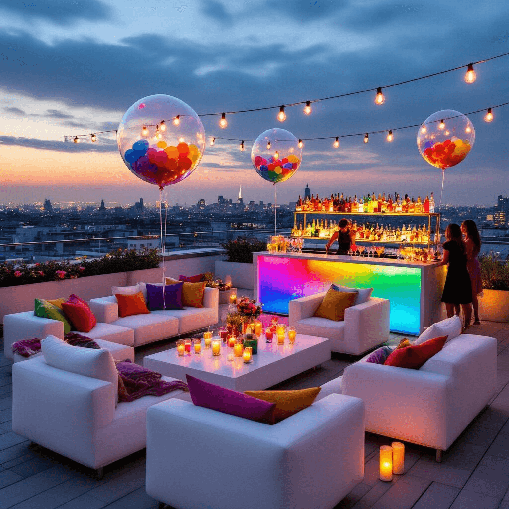 Overhead view of a modern rooftop terrace cocktail party at twilight, featuring sleek white furniture with colorful accents, a bar displaying rainbow cocktails, confetti-filled balloons, and festive string lights, with city lights in the background.