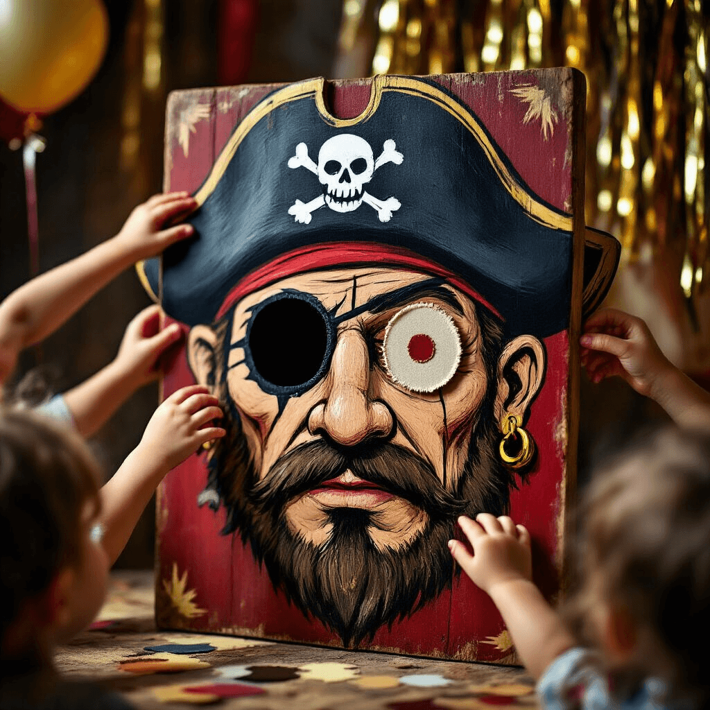 Close-up of a whimsical 'Pin the Patch on the Pirate' game in progress, featuring a hand-painted wooden pirate face with an empty eye socket, as children's hands reach to place velcro eye patches. The scene is illuminated by dramatic side lighting, highlighting rich colors and textures, with a soft focus background of balloon 'cannonballs' and shimmering gold streamers.