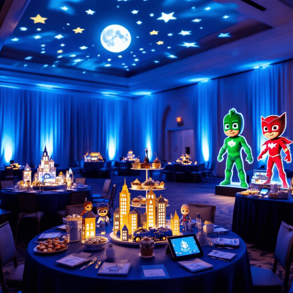How to Create the Ultimate PJ Masks Birthday Party: A Hero-Powered Celebration Guide A grand PJ Masks party in an indoor ballroom with blue uplighting, star projections, round tables with city-themed centerpieces, a Catmobile dessert cart, life-sized character cutouts, and a Mission Control game area, all capturing a magical nighttime adventure atmosphere.