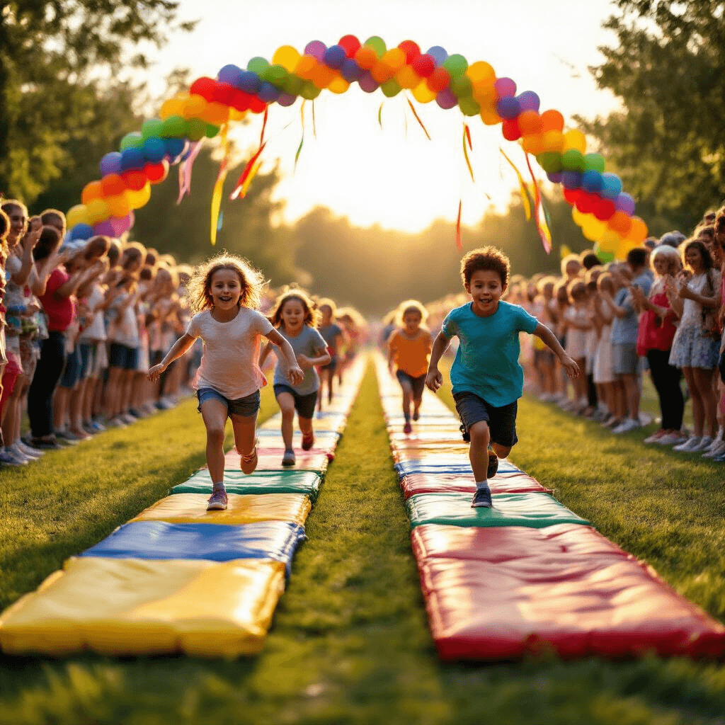 A cinematic wide shot of a relay race featuring children competing at giant floor Pop Its on a grassy field, with cheering parents forming a corridor. Colorful party ribbons and balloon arches frame the scene, illuminated by warm golden hour lighting.