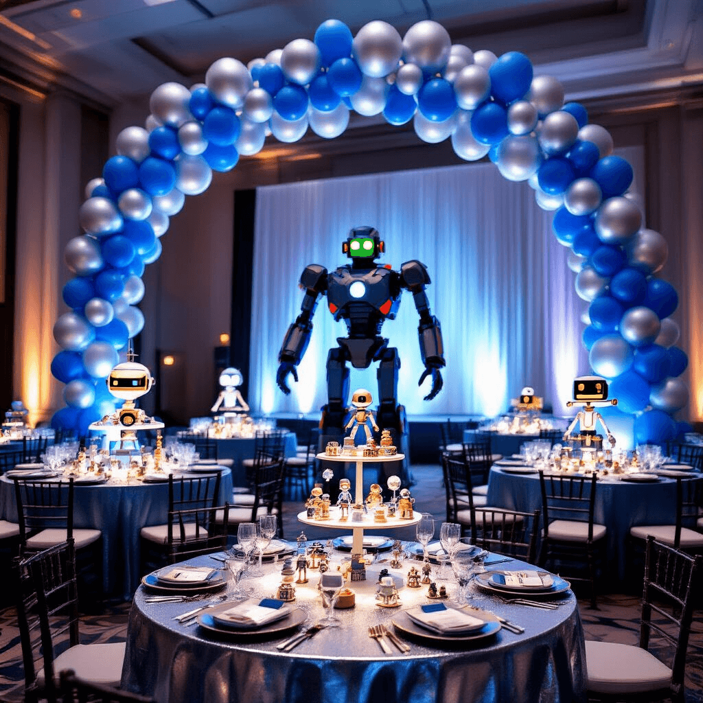 An indoor ballroom transformed into a robot-themed celebration, featuring soaring ceilings with silver and blue balloon arches, round tables with metallic linens and light-up robot centerpieces, a dessert cart with treats shaped like gears, and a large cardboard robot cutout in the background, all illuminated by soft LED uplights.